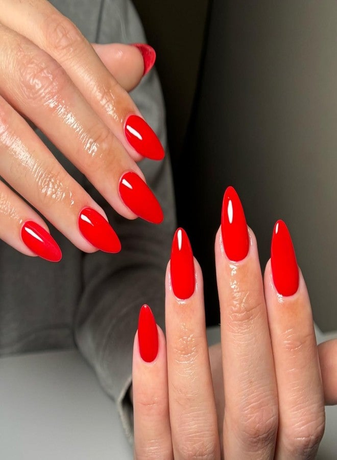XCREANDO 48Pcs Bright Red Press on Nails Almond Fake Nails Glue on Nails Medium Length Almond Shaped Nails Press ons, Stiletto Nails False Nails for Women, Medium Almond Nails, Thick Natural Acrylic Gel Nails - Image 1